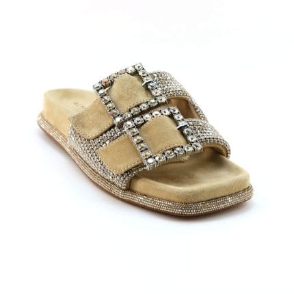 Papuc dama piele naturala antilopa si pietere swarovski Bej | Alma En Pena